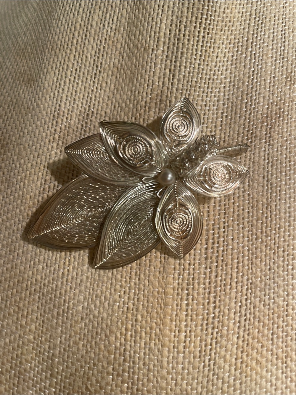 Silver Floral Filigree Brooch with Pearl Accent